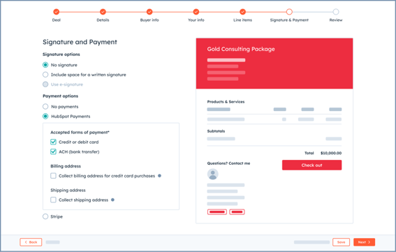 HubSpot user interface showing the steps to create an invoice with a payment link